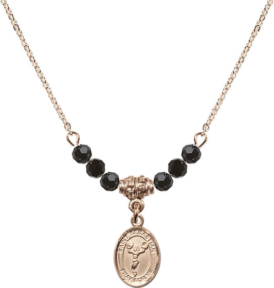14kt Gold Filled Saint Sebastian/Cheerleading Birthstone Necklace with Jet Beads - 9170