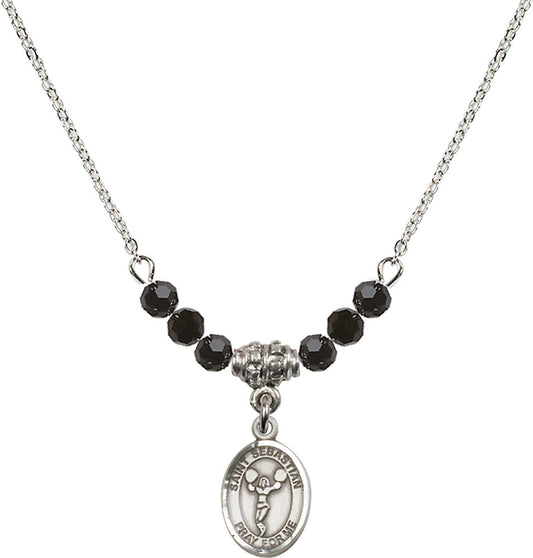 Sterling Silver Saint Sebastian/Cheerleading Birthstone Necklace with Jet Beads - 9170
