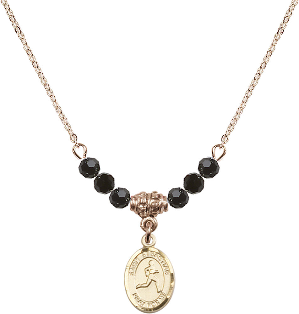 14kt Gold Filled Saint Sebastian/Track & Field Birthstone Necklace with Jet Beads - 9176