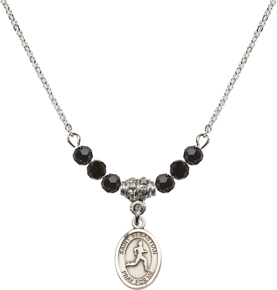 Sterling Silver Saint Sebastian/Track & Field Birthstone Necklace with Jet Beads - 9176