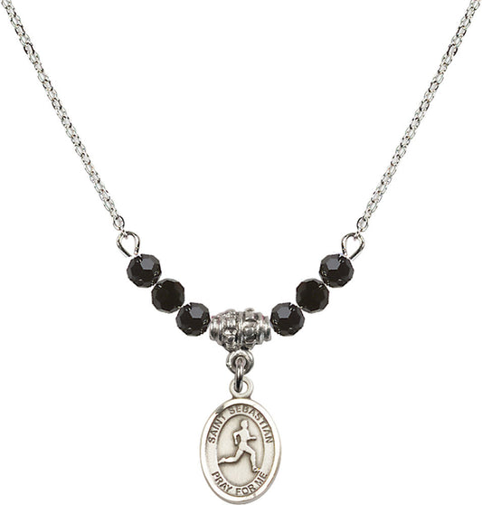 Sterling Silver Saint Sebastian/Track & Field Birthstone Necklace with Jet Beads - 9176