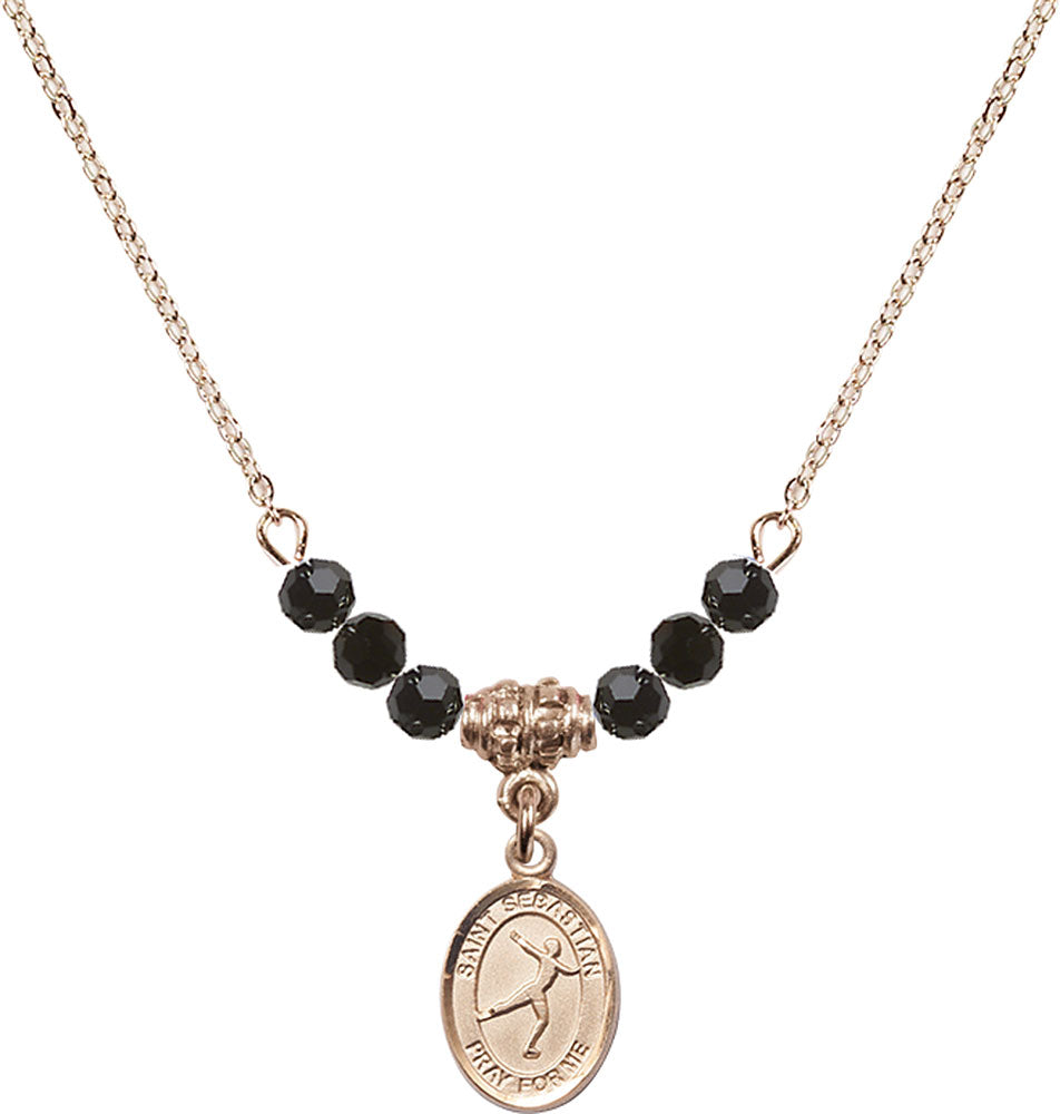 14kt Gold Filled Saint Sebastian/Figure Skating Birthstone Necklace with Jet Beads - 9177