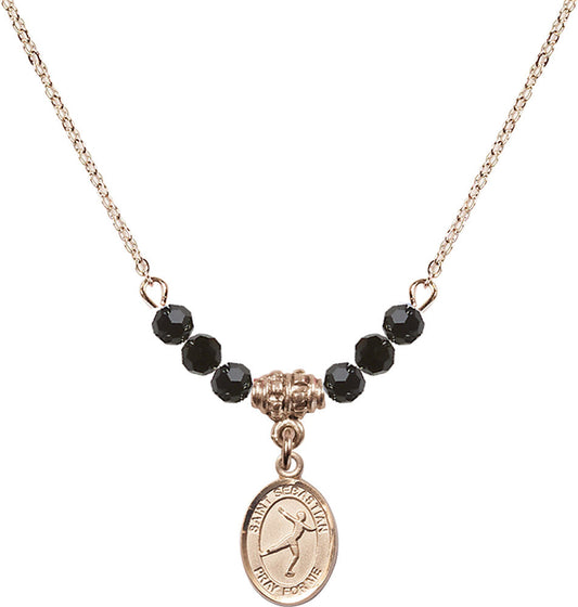14kt Gold Filled Saint Sebastian/Figure Skating Birthstone Necklace with Jet Beads - 9177