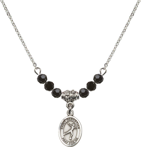 Sterling Silver Saint Sebastian/Figure Skating Birthstone Necklace with Jet Beads - 9177
