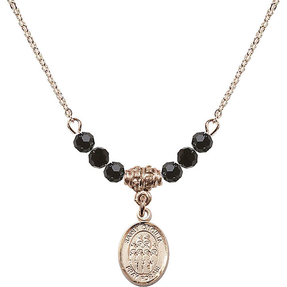 14kt Gold Filled Saint Cecilia / Choir Birthstone Necklace with Jet Beads - 9180