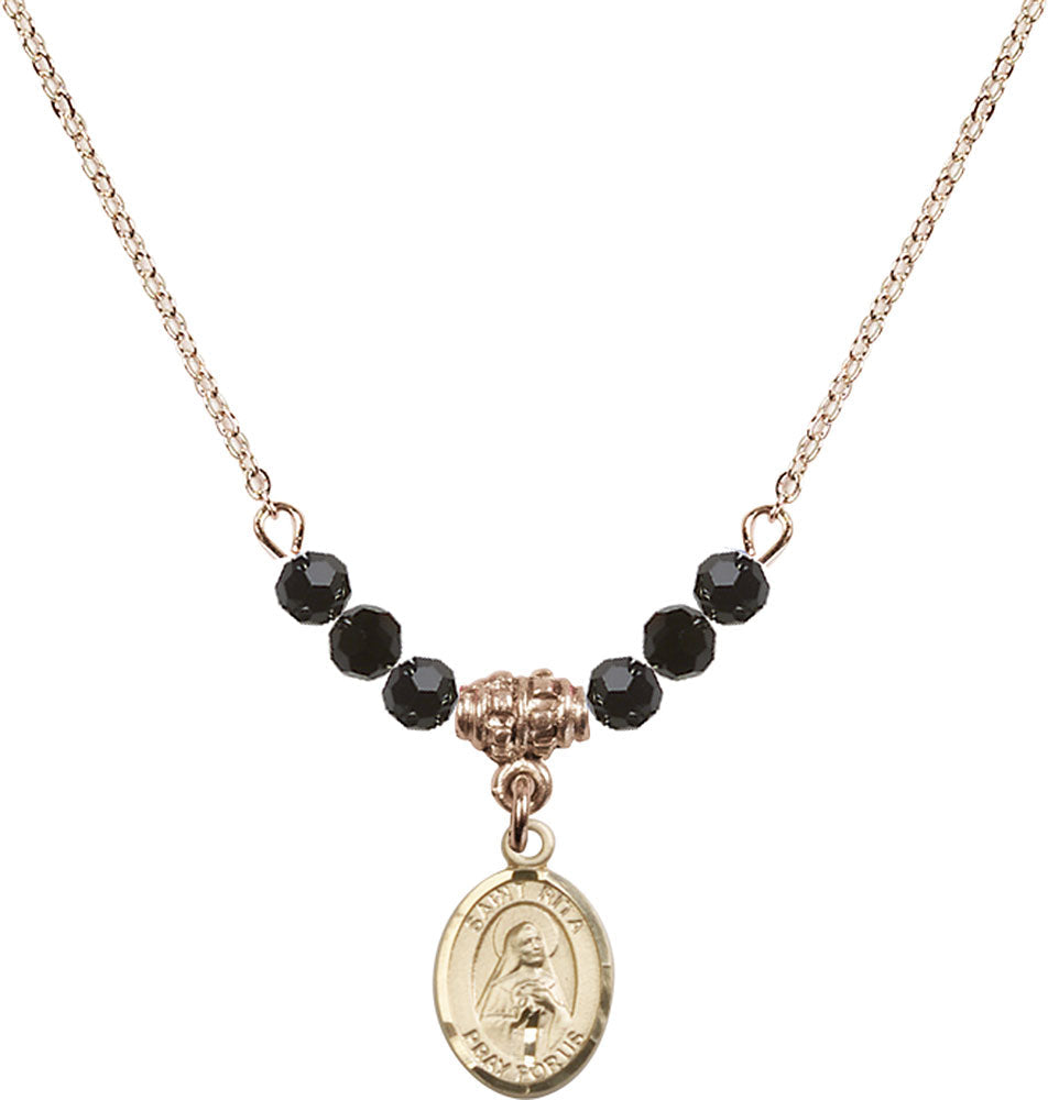 14kt Gold Filled Saint Rita / Baseball Birthstone Necklace with Jet Beads - 9181