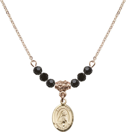 14kt Gold Filled Saint Rita / Baseball Birthstone Necklace with Jet Beads - 9181