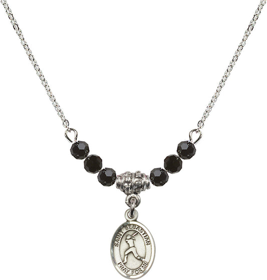 Sterling Silver Saint Sebastian/Softball Birthstone Necklace with Jet Beads - 9183