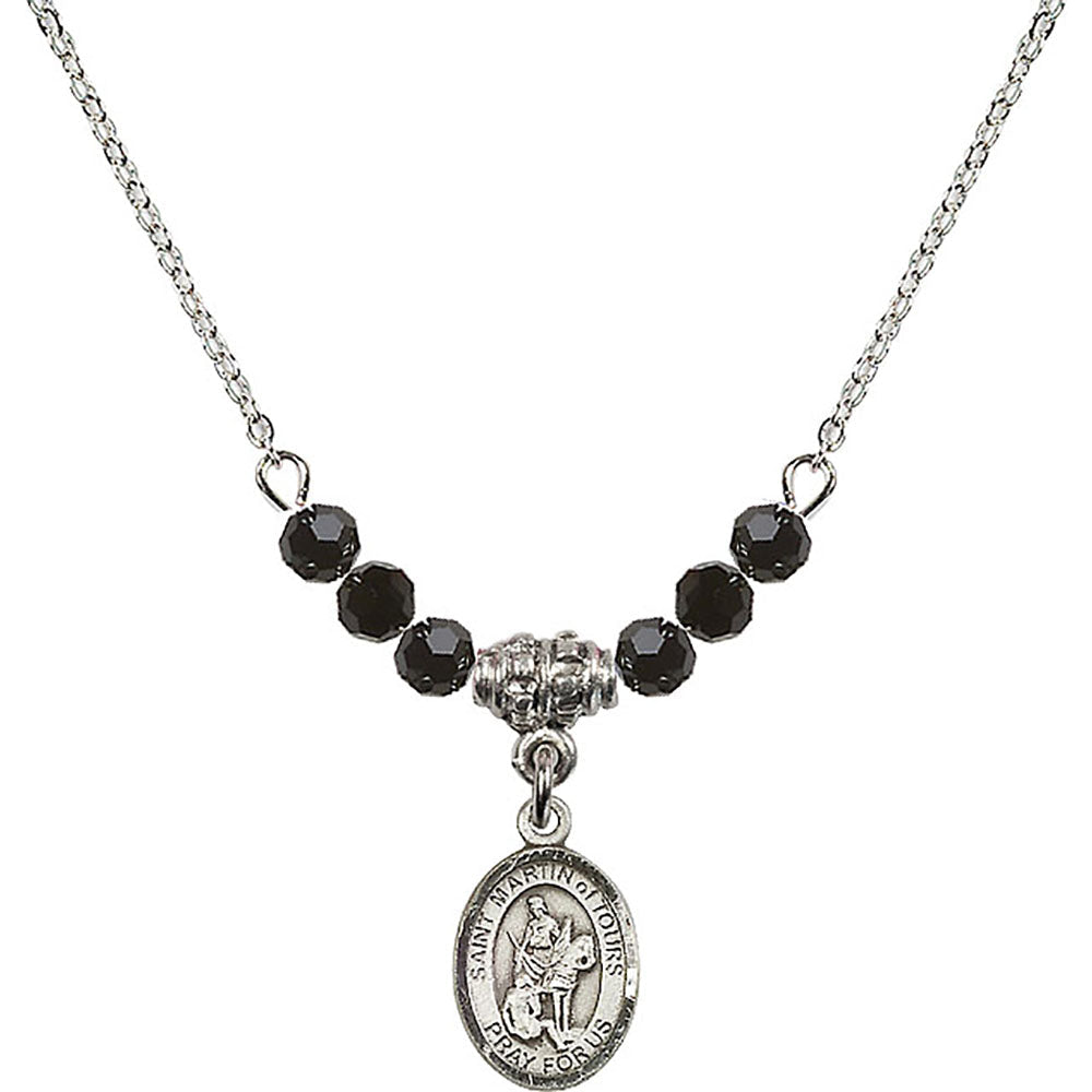 Sterling Silver Saint Martin of Tours Birthstone Necklace with Jet Beads - 9200