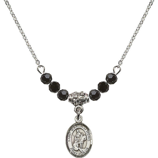 Sterling Silver Saint Martin of Tours Birthstone Necklace with Jet Beads - 9200