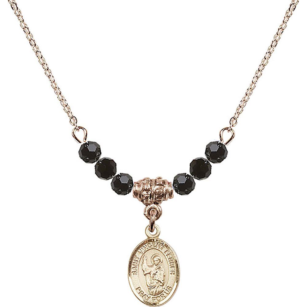 14kt Gold Filled Saint Vincent Ferrer Birthstone Necklace with Jet Beads - 9201
