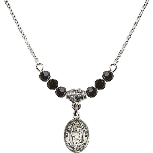 Sterling Silver Saint Vincent Ferrer Birthstone Necklace with Jet Beads - 9201