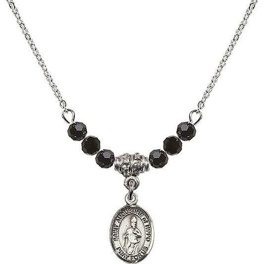 Sterling Silver Saint Augustine of Hippo Birthstone Necklace with Jet Beads - 9202