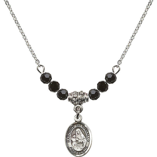 Sterling Silver Madonna del Ghisallo Birthstone Necklace with Jet Beads - 9203