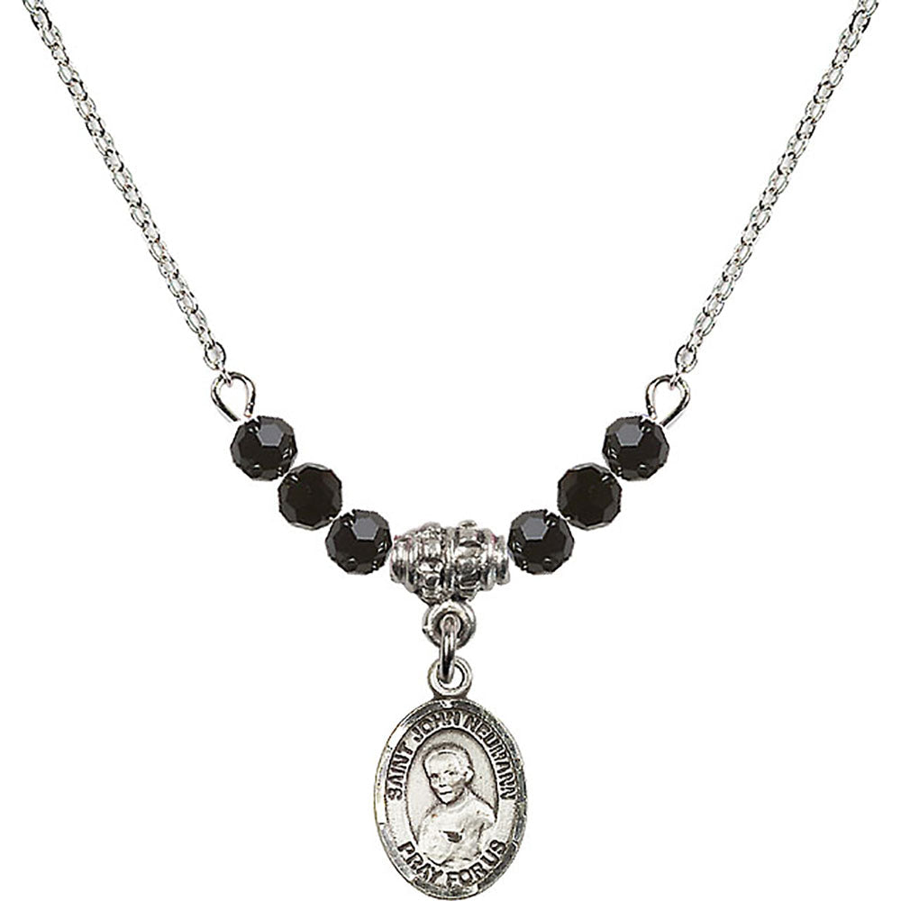Sterling Silver Saint John Neumann Birthstone Necklace with Jet Beads - 9204
