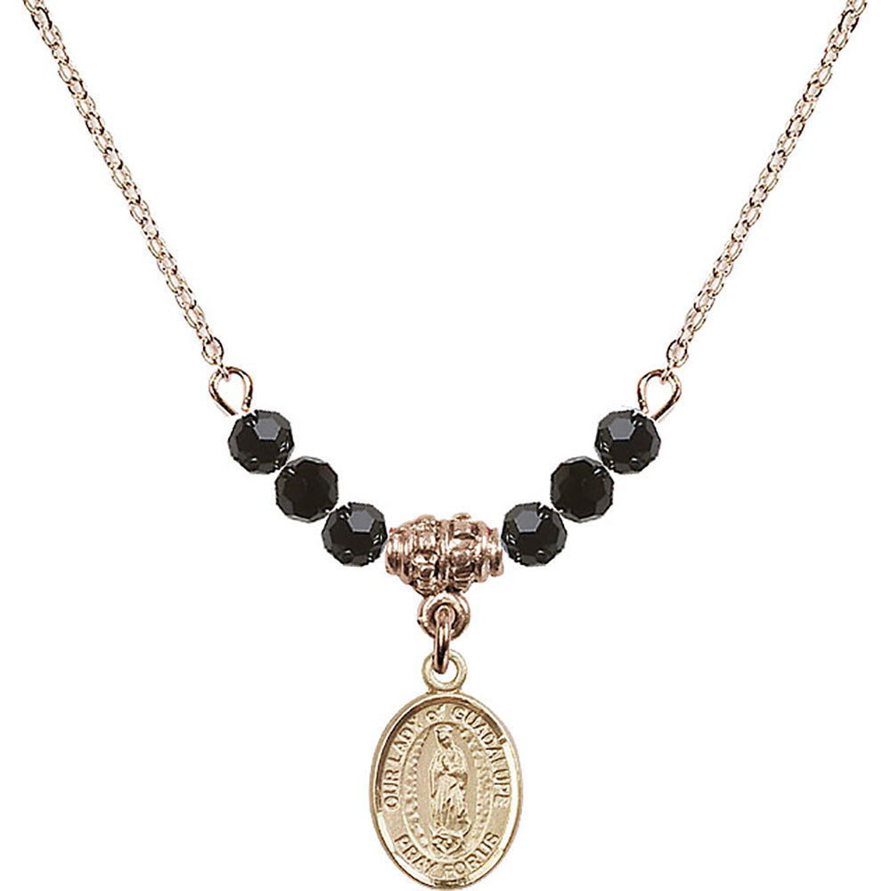 14kt Gold Filled Our Lady of Guadalupe Birthstone Necklace with Jet Beads - 9206