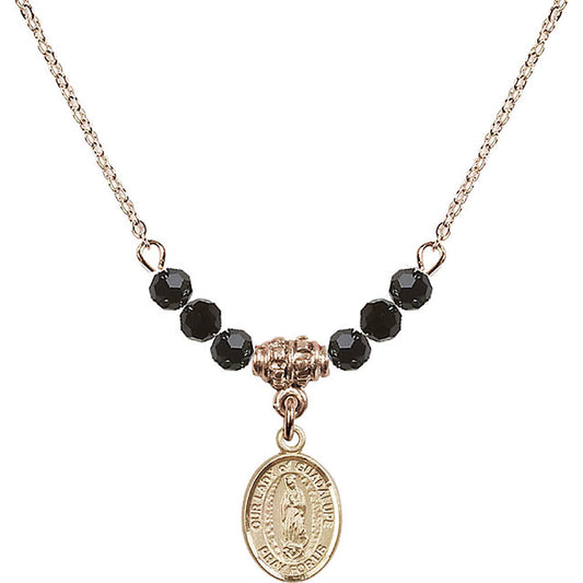 14kt Gold Filled Our Lady of Guadalupe Birthstone Necklace with Jet Beads - 9206