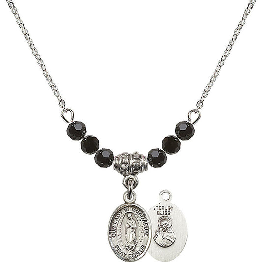 Sterling Silver Our Lady of Guadalupe Birthstone Necklace with Jet Beads - 9206