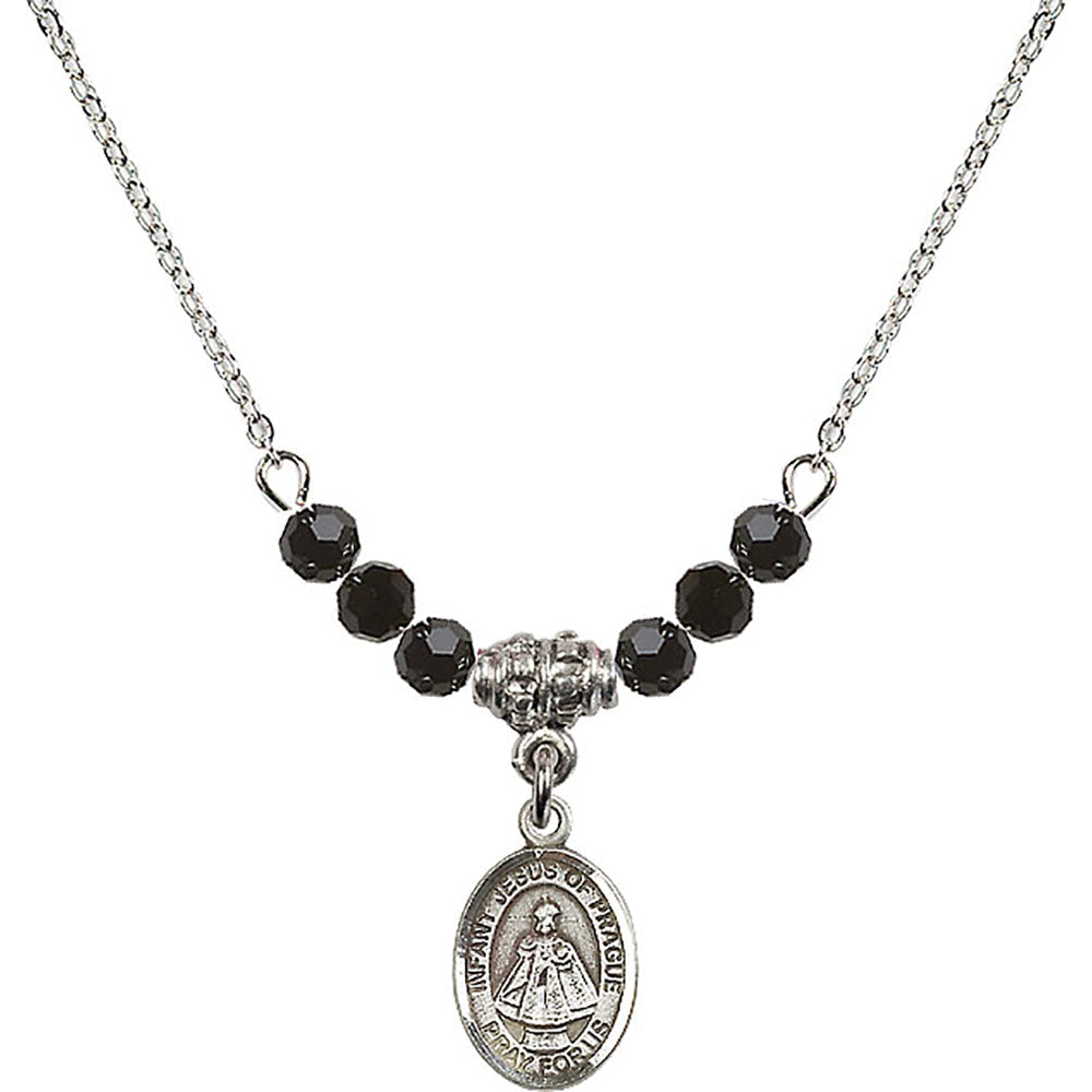 Sterling Silver Infant of Prague Birthstone Necklace with Jet Beads - 9207
