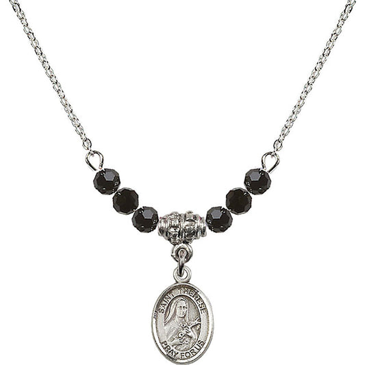 Sterling Silver Saint Therese of Lisieux Birthstone Necklace with Jet Beads - 9210
