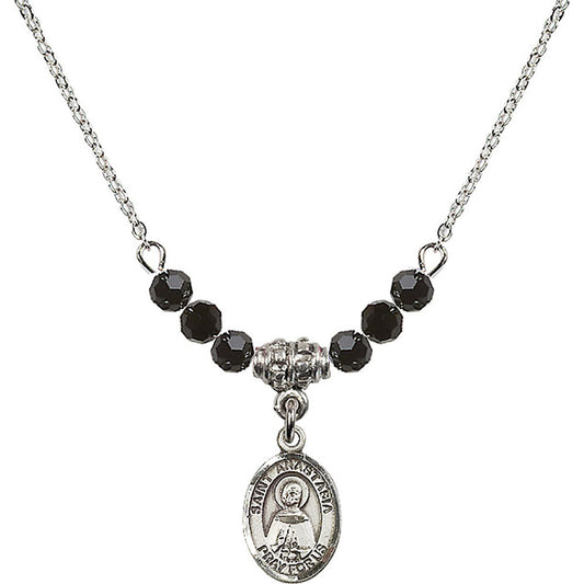 Sterling Silver Saint Anastasia Birthstone Necklace with Jet Beads - 9213