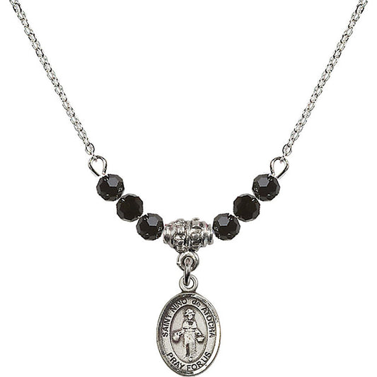 Sterling Silver Saint Nino de Atocha Birthstone Necklace with Jet Beads - 9214