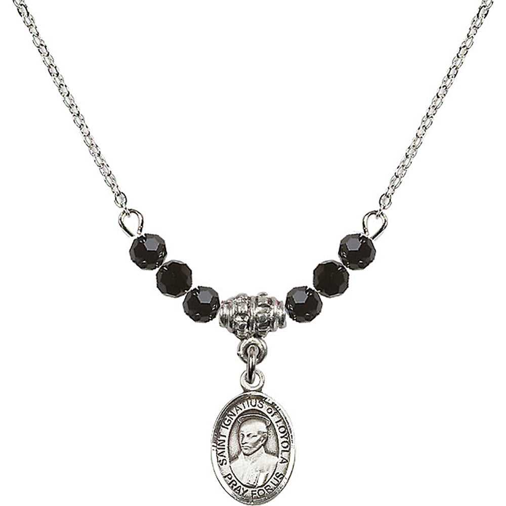 Sterling Silver Saint Ignatius of Loyola Birthstone Necklace with Jet Beads - 9217