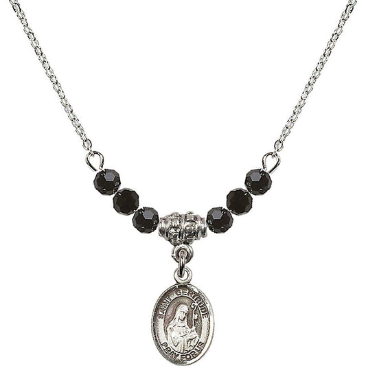 Sterling Silver Saint Gertrude of Nivelles Birthstone Necklace with Jet Beads - 9219