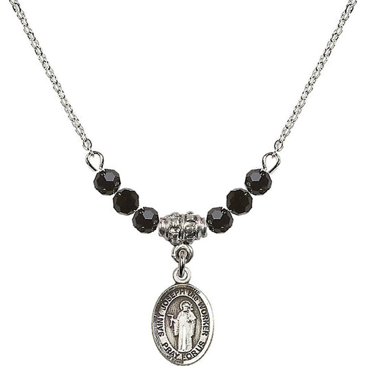 Sterling Silver Saint Joseph the Worker Birthstone Necklace with Jet Beads - 9220