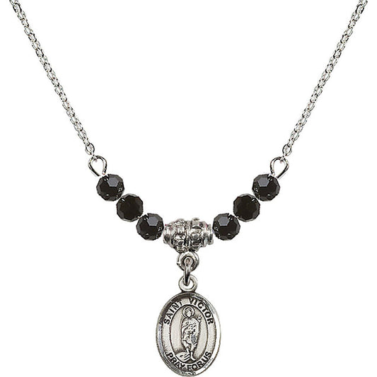 Sterling Silver Saint Victor of Marseilles Birthstone Necklace with Jet Beads - 9223