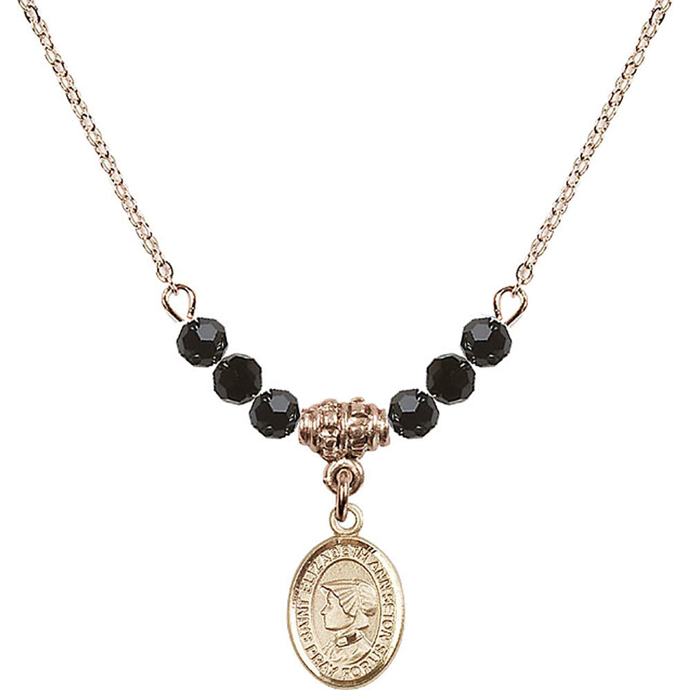 14kt Gold Filled Saint Elizabeth Ann Seton Birthstone Necklace with Jet Beads - 9224