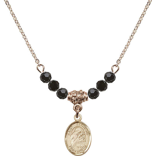14kt Gold Filled Saint Aloysius Gonzaga Birthstone Necklace with Jet Beads - 9225