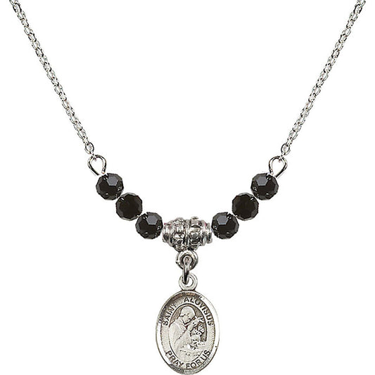 Sterling Silver Saint Aloysius Gonzaga Birthstone Necklace with Jet Beads - 9225