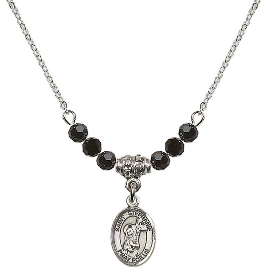 Sterling Silver Saint Stephanie Birthstone Necklace with Jet Beads - 9228
