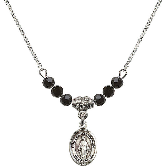 Sterling Silver Our Lady of Lebanon Birthstone Necklace with Jet Beads - 9229