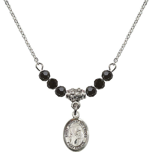 Sterling Silver Saint John of the Cross Birthstone Necklace with Jet Beads - 9231