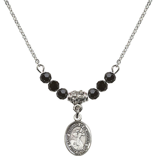 Sterling Silver Saint Bernard of Clairvaux Birthstone Necklace with Jet Beads - 9233