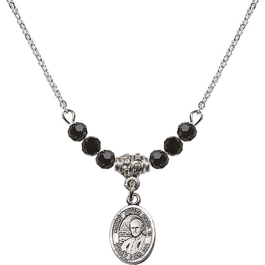 Sterling Silver Saint John Paul II Birthstone Necklace with Jet Beads - 9234