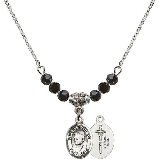 Sterling Silver Pope Emeritace Benedict XVI Birthstone Necklace with Jet Beads - 9235