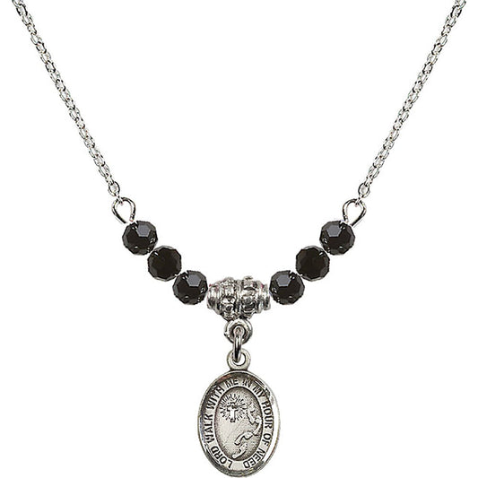 Sterling Silver Footprints / Cross Birthstone Necklace with Jet Beads - 9237