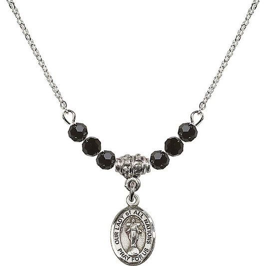 Sterling Silver Our Lady of All Nations Birthstone Necklace with Jet Beads - 9242