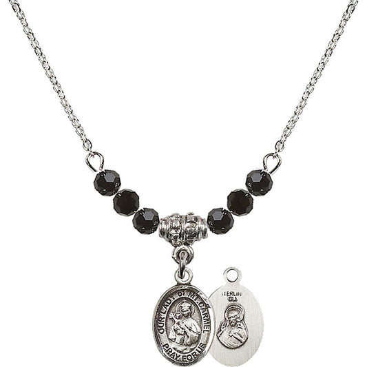 Sterling Silver Our Lady of Mount Carmel Birthstone Necklace with Jet Beads - 9243