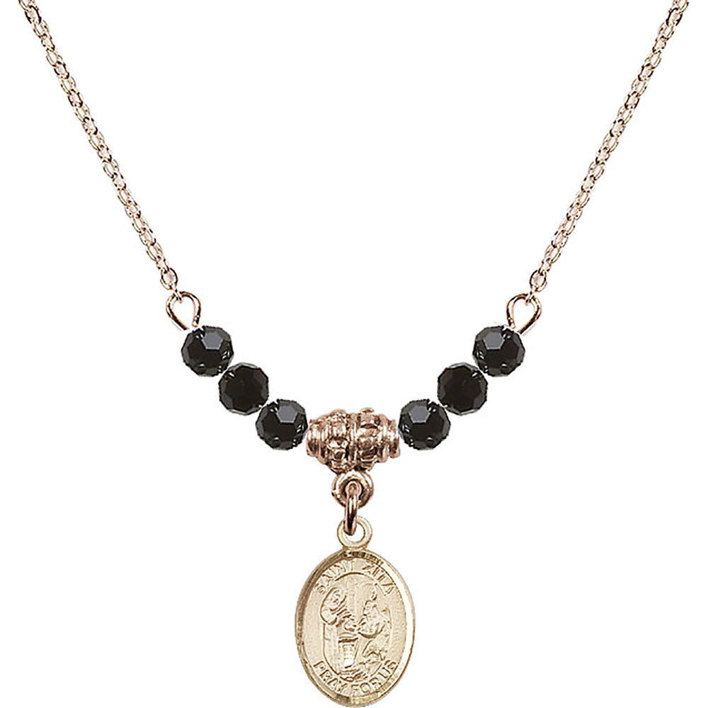 14kt Gold Filled Saint Zita Birthstone Necklace with Jet Beads - 9244