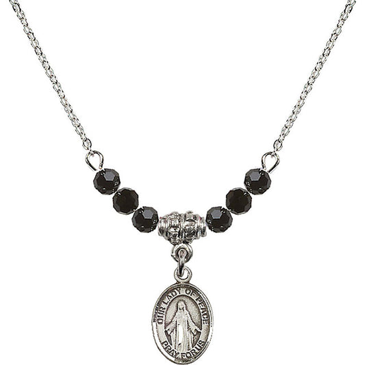 Sterling Silver Our Lady of Peace Birthstone Necklace with Jet Beads - 9245