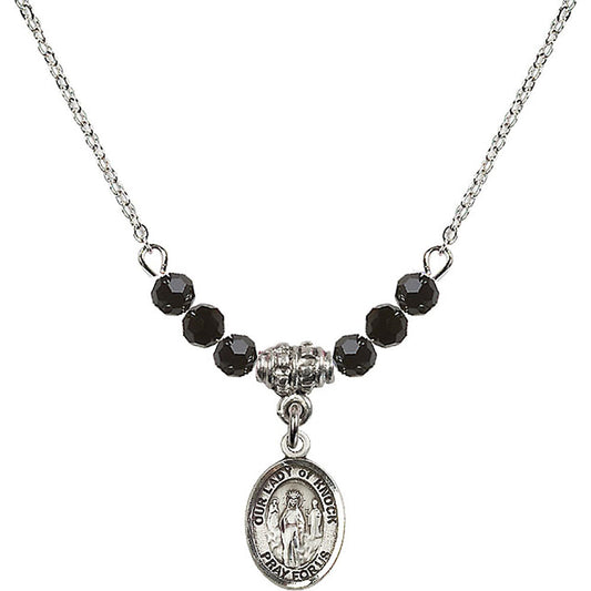Sterling Silver Our Lady of Knock Birthstone Necklace with Jet Beads - 9246