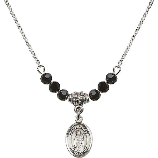 Sterling Silver Saint Grace Birthstone Necklace with Jet Beads - 9255