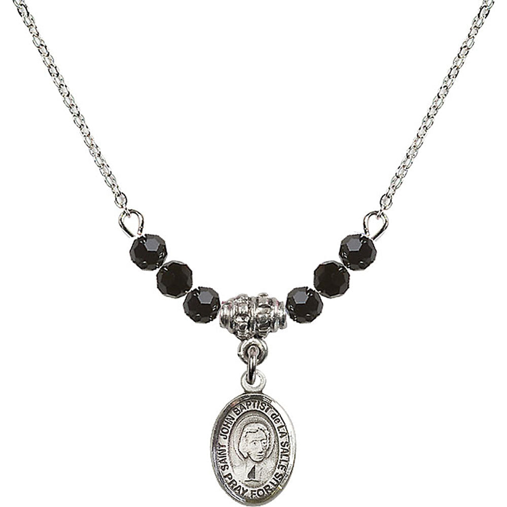 Sterling Silver Saint John Baptist de la Salle Birthstone Necklace with Jet Beads - 9262