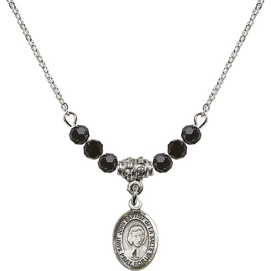 Sterling Silver Saint John Baptist de la Salle Birthstone Necklace with Jet Beads - 9262