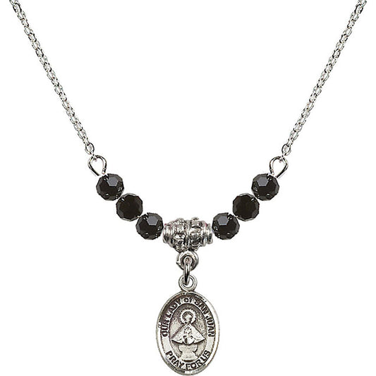 Sterling Silver Our Lady of San Juan Birthstone Necklace with Jet Beads - 9263