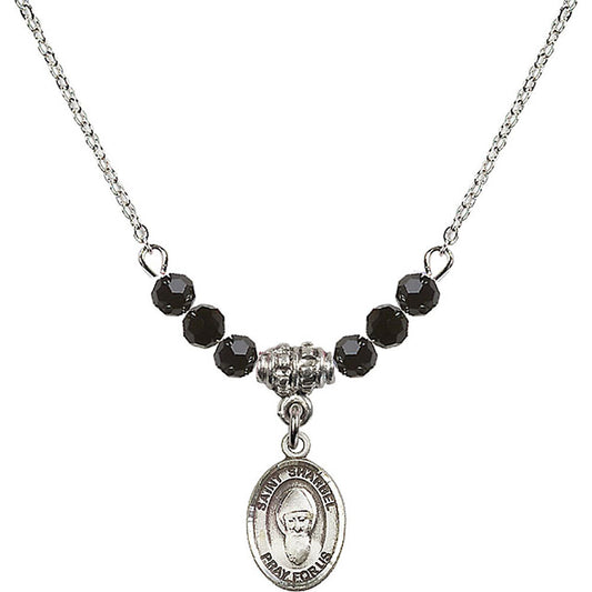 Sterling Silver Saint Sharbel Birthstone Necklace with Jet Beads - 9271